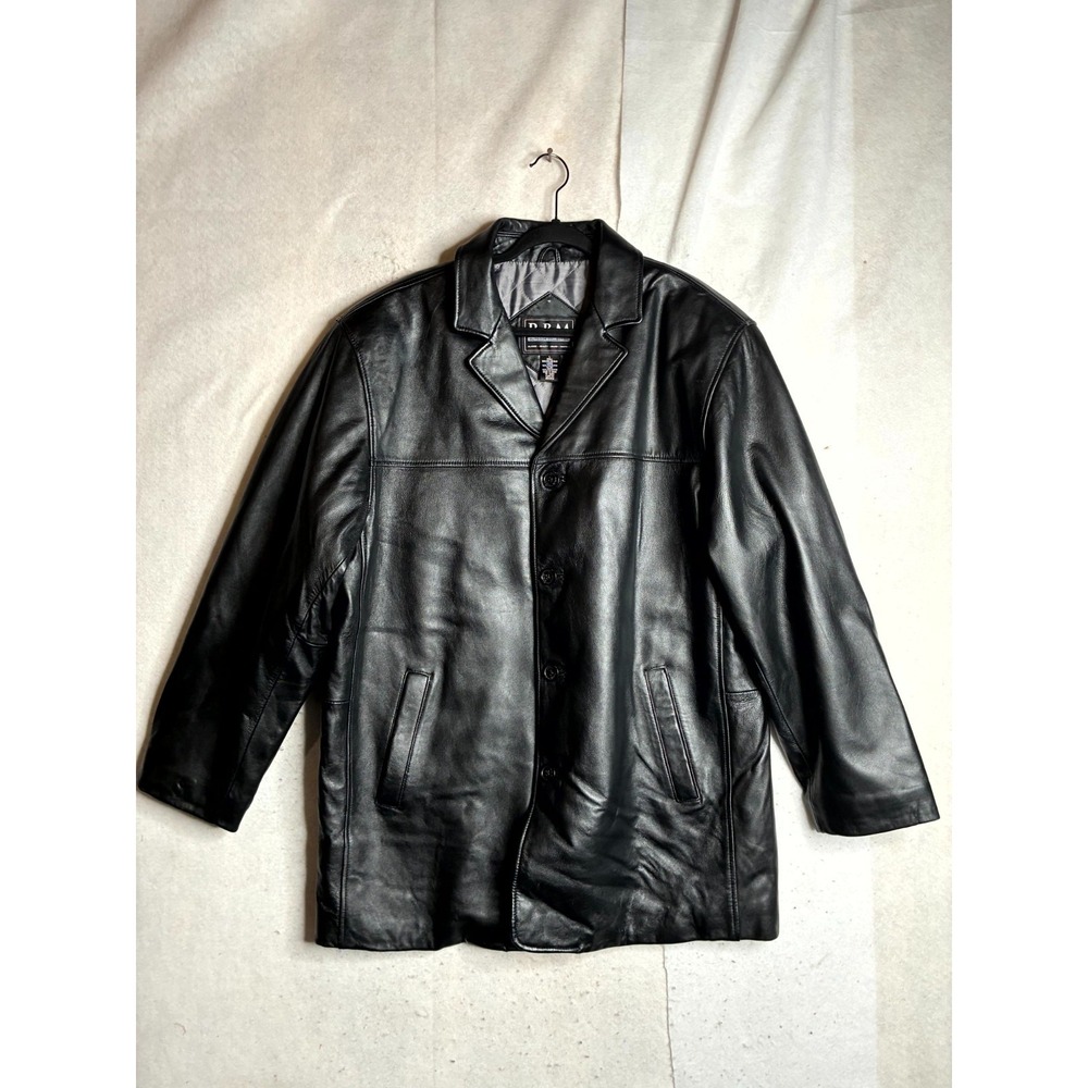 RBM Leather Jacket Mens Large Black Regular Fit Pockets Long Sleeve Button Front